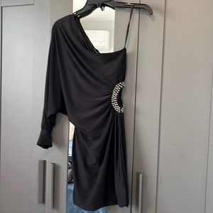 One shoulder, mini black dress
